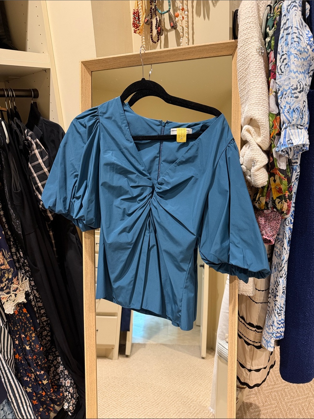 Amanda Uprichard Teal Puff-Sleeve Gathered Front Top